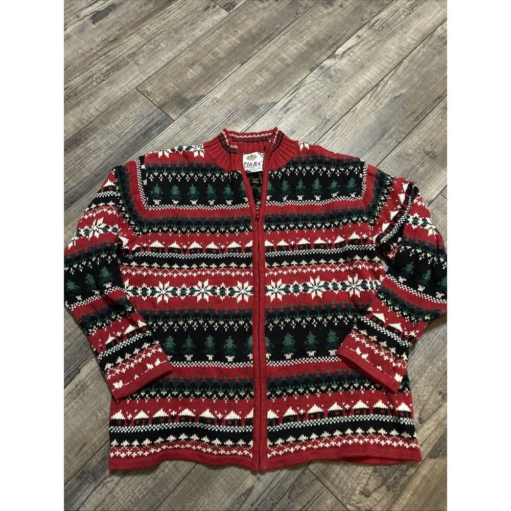 Vintage Tiara Christmas Zip Cardigan‎ Holiday Sweater Women's Size M Nice!
